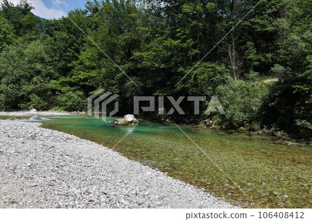 Soca river and beach in Tolmin, Slovenia Soca river and beach in Tolmin, Slovenia 106408412