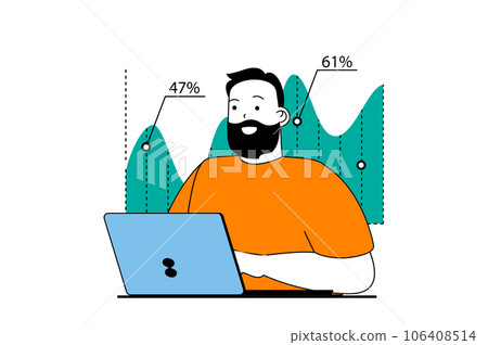 Data analysis concept with people scene in flat web design. Man making financial audit and accounting, getting progress at chart. Vector illustration for social media banner, marketing material. 106408514
