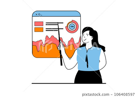 Data analysis concept with people scene in flat web design. Woman researching graphs and showing at charts at financial presentation. Vector illustration for social media banner, marketing material. 106408597