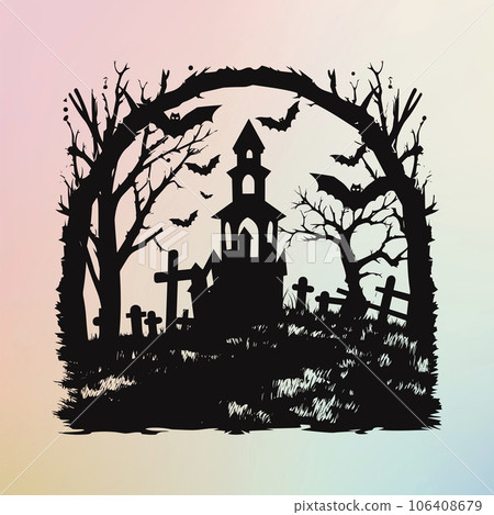 The Spooky Graveyard Scene with Flying Bat The Spooky Graveyard Scene with Flying Bat 106408679