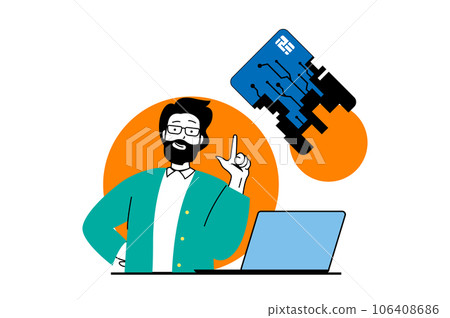 Cryptocurrency marketplace concept with people scene in flat web design. Man exchanges bitcoins to account and manages crypto wallet. Vector illustration for social media banner, marketing material. 106408686