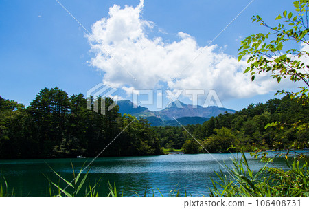 Blue pond, mountains and clouds Blue pond, mountains and clouds 106408731