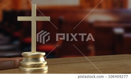 The cross on wood table for religion concept 3d rendering 106409277