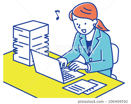 A woman in a suit easily handles a large amount of documents and work. 106409592