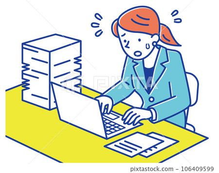 A woman in a suit is busy with a large amount of documents and work. A woman in a suit is busy with a large amount of documents and work. 106409599