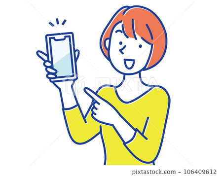 Illustration of a young woman smiling and pointing at the smartphone screen Illustration of a young woman smiling and pointing at the smartphone screen 106409612