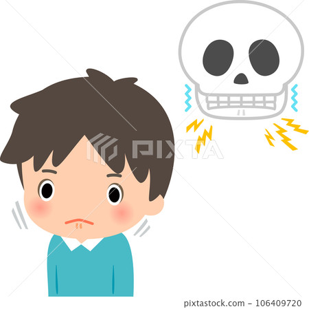 Illustration of a man clenching his teeth and a skull Illustration of a man clenching his teeth and a skull 106409720