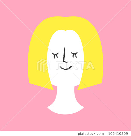 A woman with a one-length bob with both eyes closed 106410209