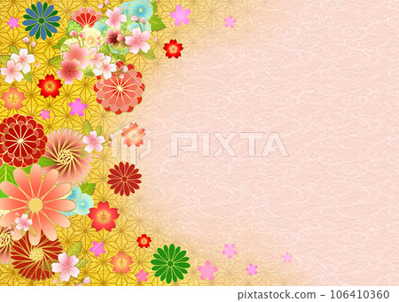 Japanese style background of flowers, hemp leaves and flowing water pattern Japanese style background of flowers, hemp leaves and flowing water pattern 106410360