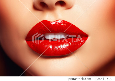 Passionate red lips close up. Beautiful perfect makeup - cosmetic beauty procedures. Sexy woman red lips Passionate red lips close up. Beautiful perfect makeup - cosmetic beauty procedures. Sexy woman red lips 106410390