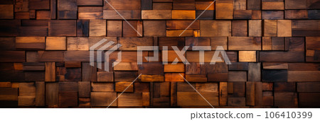 Wood background. Modern wooden facing background. Dark wooden banner. Rustic three-dimensional wood texture 106410399
