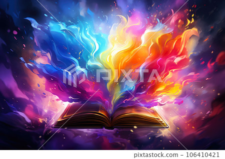 Spell book. Magically glowing old book. Fairy tale come to life Spell book. Magically glowing old book. Fairy tale come to life 106410421