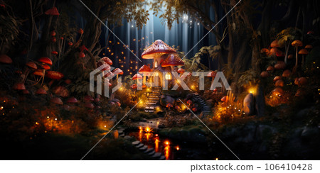 Miniature fairy house in amanita muscaria mushroom. Fairy tale mushroom house in the middle of a magical forest 106410428