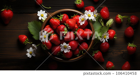 Strawberry banner. Bowl full of strawberries. Close-up food photography background 106410458