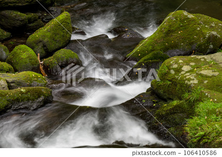 A waterfall leading to the Kikuchi Gorge with a clear stream flowing through nature 106410586