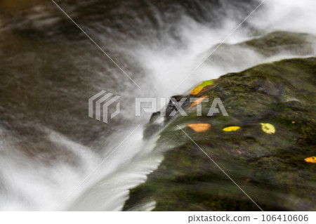 A waterfall leading to the Kikuchi Gorge with a clear stream flowing through nature A waterfall leading to the Kikuchi Gorge with a clear stream flowing through nature 106410606