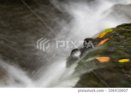 A waterfall leading to the Kikuchi Gorge with a clear stream flowing through nature A waterfall leading to the Kikuchi Gorge with a clear stream flowing through nature 106410607
