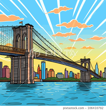 Brooklyn Bridge. Brooklyn Bridge hand-drawn comic illustration. Vector doodle style cartoon illustration 106410782