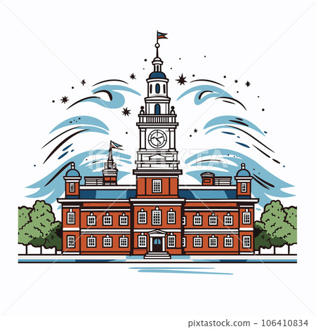 Independence Hall. Independence Hall hand-drawn comic illustration. Vector doodle style cartoon illustration 106410834