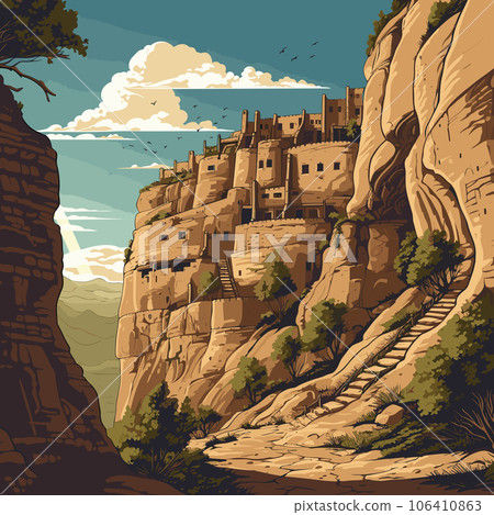 Mesa Verde. Mesa Verde hand-drawn comic illustration. Vector doodle style cartoon illustration Mesa Verde. Mesa Verde hand-drawn comic illustration. Vector doodle style cartoon illustration 106410863