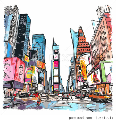 Times Square. Times Square hand-drawn comic illustration. Vector doodle style cartoon illustration 106410914