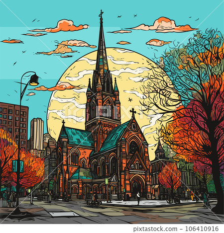Trinity Church in Boston. Trinity Church in Boston hand-drawn comic illustration. Vector doodle style cartoon illustration 106410916