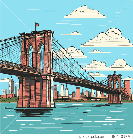 Brooklyn Bridge. Brooklyn Bridge hand-drawn comic illustration. Vector doodle style cartoon illustration 106410929