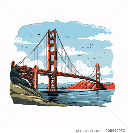 Golden Gate Bridge. Golden Gate Bridge hand-drawn comic illustration. Vector doodle style cartoon illustration 106410952