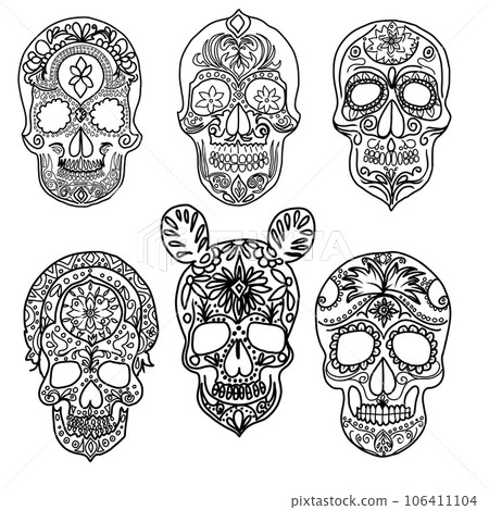 Hand drawn doodle vector set of skulls. El Dia de Muertos Mexican festival. Day of the Dead collection. 106411104