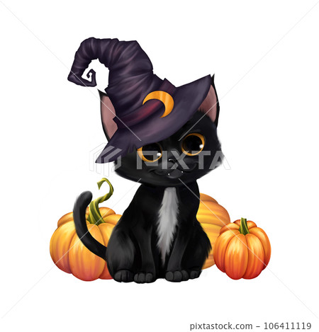 Cute cat in a witch hat sitting with a Halloween pumpkins, isolated on white 106411119