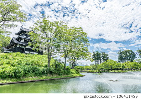 Joetsu City, Niigata Prefecture Takada Castle Ruins Park in sunny weather Takada Castle three-story turret and moat Joetsu City, Niigata Prefecture Takada Castle Ruins Park in sunny weather Takada Castle three-story turret and moat 106411459