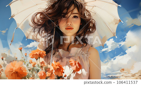 一個打陽傘的女人：陽光明媚的日子裡，在罌粟花前 106411537