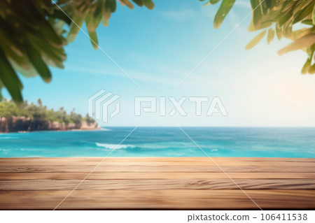 Tropical paradise with palm trees, ocean, and sand viewed from a wooden table on a waterfront deck. Generative AI. Tropical paradise with palm trees, ocean, and sand viewed from a wooden table on a waterfront deck. Generative AI. 106411538
