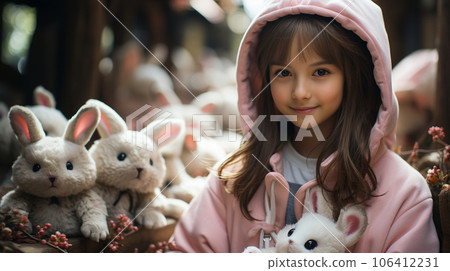 收到禮物後看起來很高興的女孩:兔女郎:愛麗絲被許多兔子毛絨玩具包圍 收到禮物後看起來很高興的女孩:兔女郎:愛麗絲被許多兔子毛絨玩具包圍 106412231