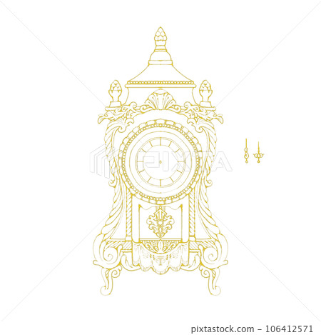 Antique table clock (separate hands)/gold leaf line drawing style Antique table clock (separate hands)/gold leaf line drawing style 106412571