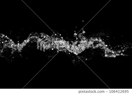 Silver wavy design element with glitter effect on black background, wave of silver sparkles. Silver wavy design element with glitter effect on black background, wave of silver sparkles. 106412695