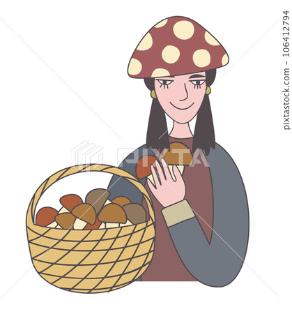 Young woman with a basket of mushrooms. Vector isolated illustration. 106412794