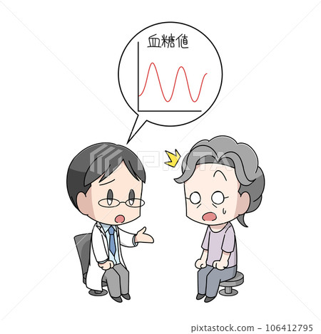 Illustration of an elderly woman having her blood sugar level pointed out by a doctor 106412795