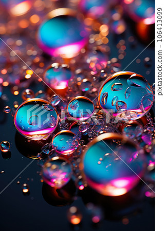 Iridescent liquid melted glass wallpaper. Soap holographic bubble background. 3d abstract dark luxury fluorescent background 106413099