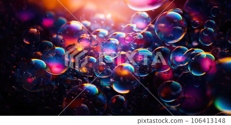Iridescent liquid melted glass wallpaper. Soap holographic bubble background. 3d abstract dark luxury fluorescent background Iridescent liquid melted glass wallpaper. Soap holographic bubble background. 3d abstract dark luxury fluorescent background 106413148