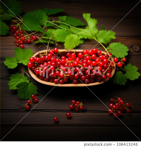 Redcurrant banner. Bowl full of redcurrant. Close-up food photography background 106413248