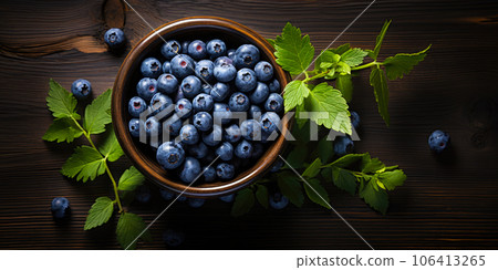 Bilberry banner. Bowl full of bilberries. Close-up food photography background 106413265