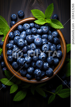 Bilberry banner. Bowl full of bilberries. Close-up food photography background 106413266