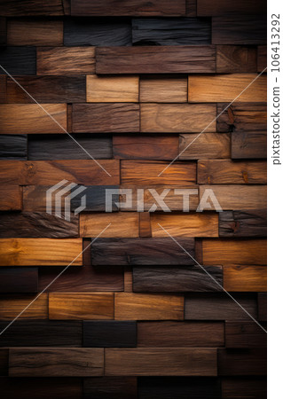 Wood background. Modern wooden facing background. Dark wooden banner. Rustic three-dimensional wood texture 106413292