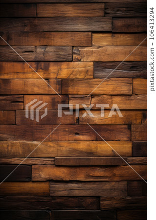 Wood background. Modern wooden facing background. Dark wooden banner. Rustic three-dimensional wood texture 106413294