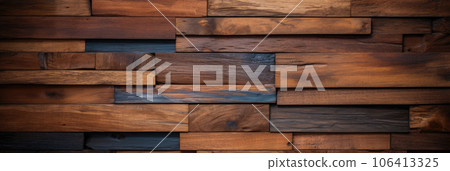 Wood background. Modern wooden facing background. Dark wooden banner. Rustic three-dimensional wood texture 106413325