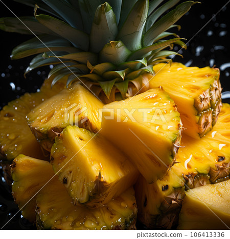 Pineapple banner. Pineapple slices background. Close-up food photography 106413336