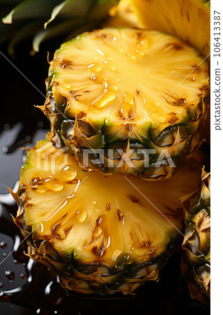 Pineapple banner. Pineapple slices background. Close-up food photography 106413387