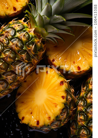 Pineapple banner. Pineapple slices background. Close-up food photography 106413388