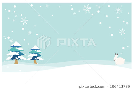 Background frame illustration of snow rabbit and snowy coniferous trees Background frame illustration of snow rabbit and snowy coniferous trees 106413789
